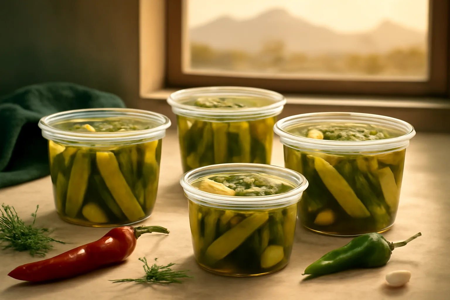 Burque Brine pickle jars on a cream counter in New Mexico light
