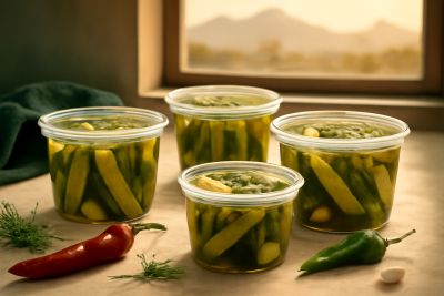 Clear containers of Burque Brine pickles on a cream kitchen counter in warm New Mexico light
