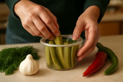 Hands packing pickle spears into a clear container with dill and chile nearby