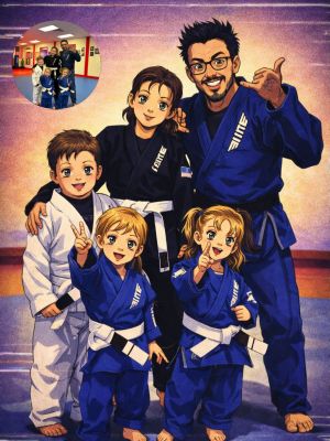 Illustrated family portrait of Eric Pedro BJJ students in gi