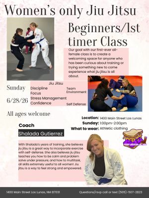 Flyer for a women’s only beginner Jiu-Jitsu class held June 28, 2026